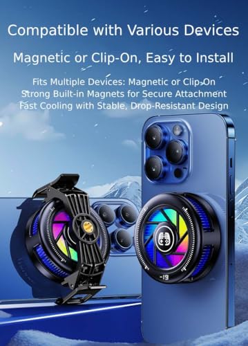 Phone Cooler for Gaming, Low Noise USB Cell Phone Cooler with Smart Temp Control, Phone Cooling Fan with RGB LED Lights, Magnetic Ring & Clip Fan for Phone Gaming & Streaming - color: Gray