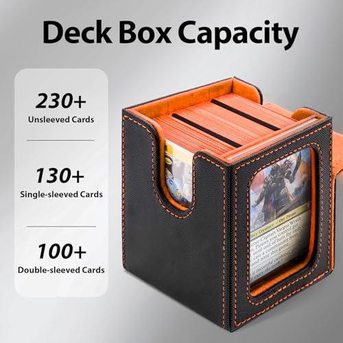 Card Deck Box with MTG Commander Display, Fits 100 Double Sleeved Cards, Magnetic Deck Case compatible with TCG Black/Orange - color: Black/Orange