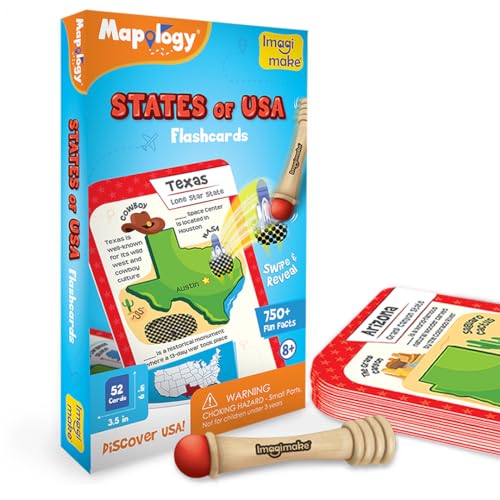 Imagimake Mapology USA Flash Cards | Learn United States Along with Flags and State Shapes | Ages 8-12 | Foam Jigsaw Puzzle, Fun Facts, Educational Toy for Kids | Gift for Christmas and Birthdays | Learn 750+ Facts of USA with Swipe & Reveal, Classroom &