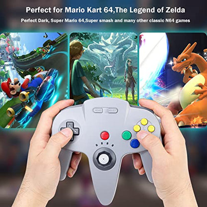 KIWITATA Wireless N64 Controller for Switch 1/Switch 2, 2.4GHZ N64 Remote Joystick Wireless Controller Compatible with N64 Original Console, Raspberry Pi, IOS, PC Windows 7,8,10,11 Gray - color: gray
