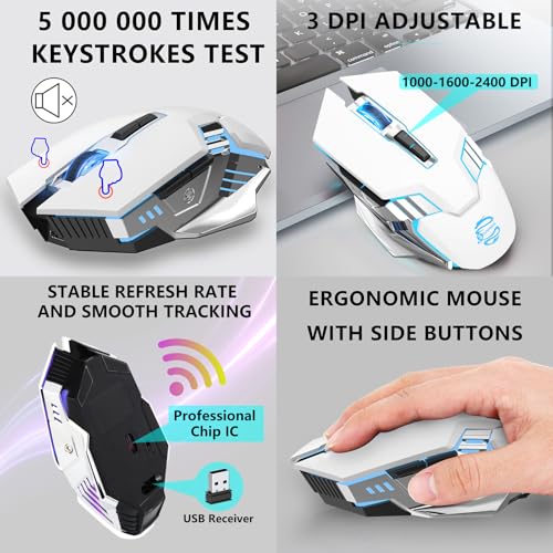 Bluetooth Wireless Gaming Mouse, RGB Rechargeable USB Wireless Mouse, Quiet Click, LED Backlit, Ergonomic, with Side Button, DPI Adjustable Computer Mice for Laptop PC MacBook Chromebook - White - color: white