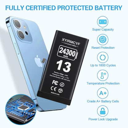 XYIRMCYF 24300mAh Super Capacity Battery Compatible with iPhone 13, 0 Cycle Li-Polymer Replacement Battery for iPhone 13, with Professional Repair Tool Kit - color: 13-24300