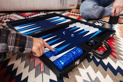 Pointworks 19 Inch Premium Backgammon Sets for Adults Leather Black - Blue. Premium 1.6 Inch Checkers & Dice Set, Travel Backgammon Set, Large, Backgammon Board Game, Backgammon Game Set - color: Black Case - Blue Field
