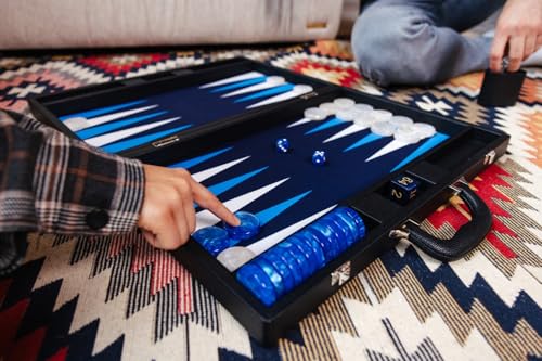 Pointworks 19 Inch Premium Backgammon Sets for Adults Leather Black - Blue. Premium 1.6 Inch Checkers & Dice Set, Travel Backgammon Set, Large, Backgammon Board Game, Backgammon Game Set - color: Black Case - Blue Field