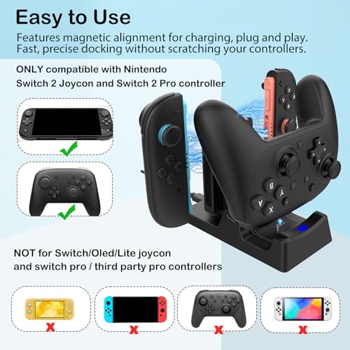 Controller Charger for Nintendo Switch 2 Pro/Joycon, Switch 2 Pro Charging Dock for Joy-Cons, 3 in 1 Charger for Joy-con 2 with LED Indicator and Charger Cable