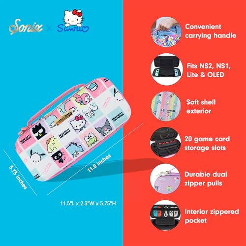 Sonix x Sanrio Carrying Case for Nintendo Switch 2, Switch 1, Lite, OLED, Protective Travel Case with Game Cartridge Storage | Hello Kitty Grid - color: Emokyun