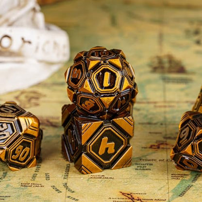 Metal UFO Dice Set, 7 Die Metal Polyhedral Dice Set for DND Dungeons and Dragons Role Playing Games,with Skull Bag.(Ancient Gold) - color: Ancient Gold