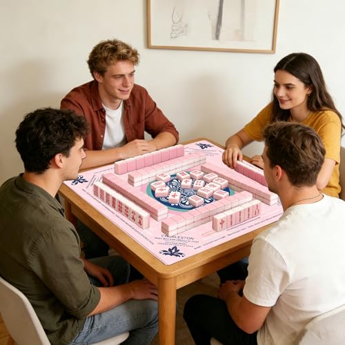 Mahjong Mat with Rules Non Slip Mat for American Mahjong Tiles | American Mahjong Mat Noise-Reducing Neoprene Mahjong Gaming Mat for Poker, Board Games, Dominoes, Dice Game,Card Games - color: Pink