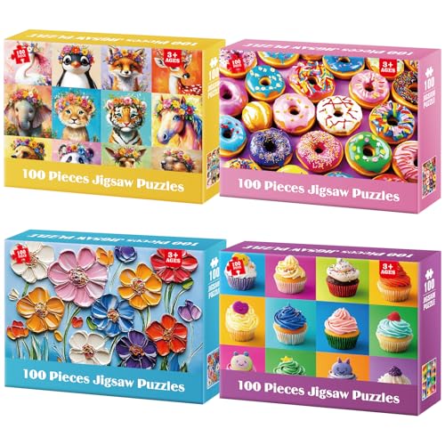 100 Piece Puzzles for Kids Ages 4-8 - Animals Flower Cupcakes Donuts Puzzle for Kids Ages 8-10 Large Puzzles for Senior Jigsaw Puzzles for Kid Ages 6-8 Year Old Educational Puzzle Toys 4-Pack - style: Wild Animals Portraits Flowers Donuts