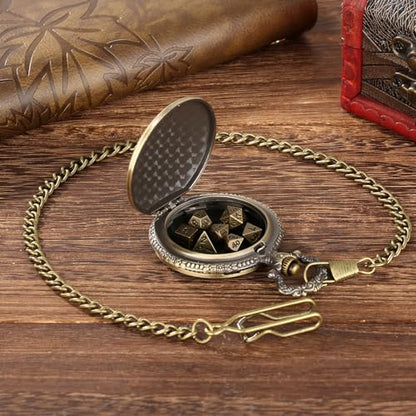 Mini DND Dice Set with Steampunk Barbarian Axe Pocket Watch Shell Case, 7pcs Polyhedral Metal DND Dice Set, D&D Gifts with Gift Box, Role Playing Board Games DND Accessories, Bronze - color: Bronze