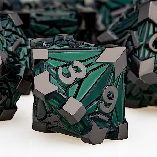 7PCS Metal DND Dice Set with Box, Debris RPG Green D and D Dice for use with D&D Tabletop Games Role Playing Game Polyhedral Dice Set D20 D12 D10 D8 D6 D4 - color: Black Green