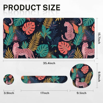 Arttown Keyboard Mouse Pad Set, 4 in 1 Desk Mat Set Leopard Tropical | Pink Leaves Large Mousepad+Keyboard Wrist Rest+Mouse Wrist Rest+Coaster Ergonomic Design for Home Office Computer - color: Pink Leopard