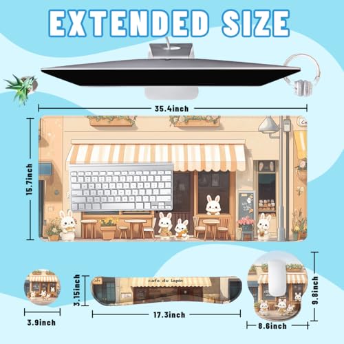 Kawaii Bunny Desk Mat Set Cozy Cartoon Bunny Cafe Mouse Pad with Wrist Rest 4in1 Desk Mat for Desktop Ergonomic Keyboard Wrist Support Anti-Slip Computer Ergonomic Mouse Pad Home Office Gaming - color: Kawaii Bunny