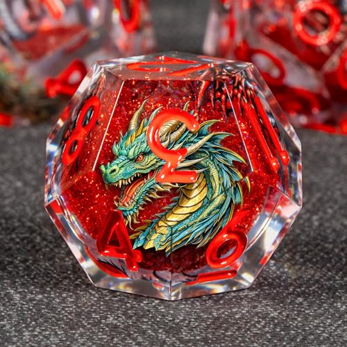 KERWELLSI Liquid Core Dragons Pattern Dice, Resin DND Dice Set with Gift Box, Red Sharp Edged Dungeons D&D Dice, Role Playing Game Dice D20 D12 D10 D8 D6 D4 - color: Red