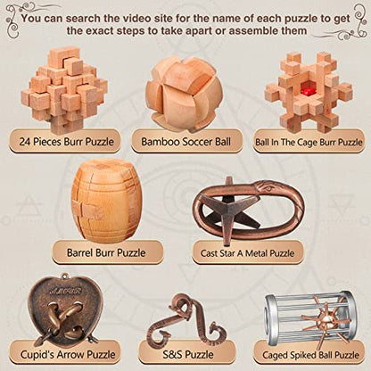 Wettarn 8 Pcs Brain Teaser Puzzles for Adults Logic Wooden Brain Teasers Mind Puzzles and Metal Puzzle Fidget Fun Educational IQ Games 3D Unlock Interlock for Adults Gift