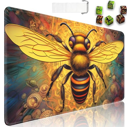JVGFYNKL MTG Playmat + Drawstring Travel Pouch + 6 Dice Counter, for Tabletop Trading Card Game Playmats or Large Mouse Pad, Anti-Slip Rubber 24 x 14 in, Psychedelic Bee TCG Playmat - color: JV-Playmat-1-F-157