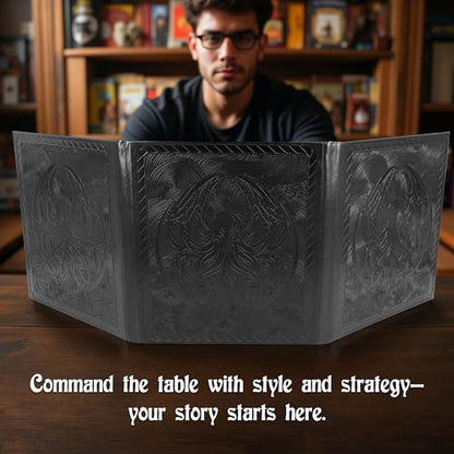 CASEMATIX DM Screen – 3-Panel Travel-Ready Game Master Screen with Transparent Pockets, PU Leather GM Screen, Wet-Erase Compatible, Compact Size for Portable Tabletop RPG Campaigns