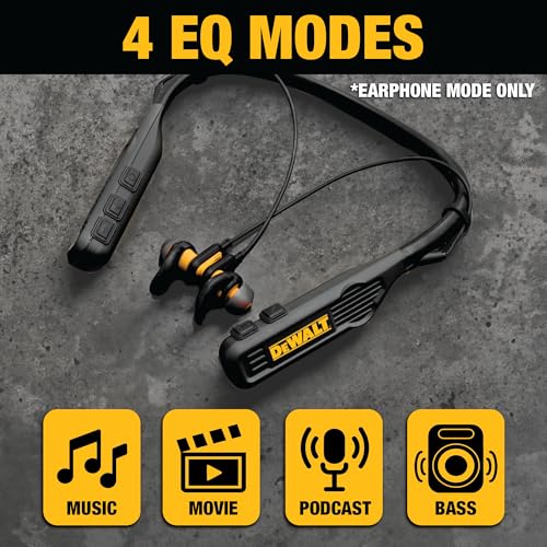 DEWALT Heavy Duty Black Edition 2-in-1 Neckband Bluetooth Headphones | w/Built-in Speakers, Jobsite Wearable Speaker & Around Neck, Wireless Headset, 60+ Hrs Hands-Free Music & Calls, Carry Pouch - color: Black