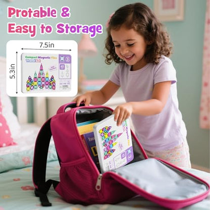 WMDXU Mini Magnetic Tiles Girls: Travel Building Set with Iron Box for 3+ | 42PCS On-the-Go Travel Toy, Strong Magnets Hold Tiles Upside Down without Falling, Iron Box Storage, for Girls 3-8 - style: Mini Magnetic Tiles