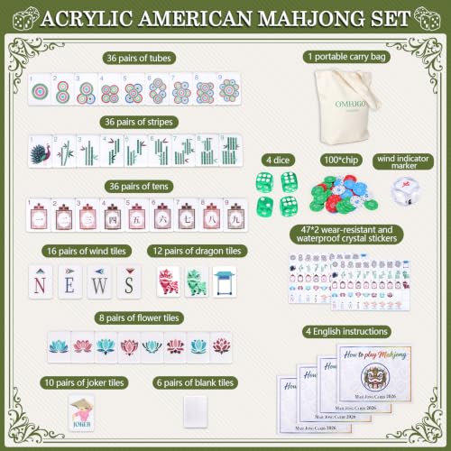 160 Acrylic American Mahjong Tile Set for Beginners, Mah Jong Lovers | 1.2” 2026 New Premium Green Tiles, Mahjong Set with Carrying Bag and Accessories, 3D Engraved 4 Layer Mahjong Tiles - color: Green