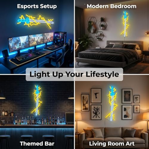 Anime Style Lightning Sword Neon Sign - Yellow & Blue LED Wall Art, USB Powered Dimmable Graffiti Light with 6-Level Brightness, Acrylic Backboard Hanging Lamp for Gaming Room, Bedroom, Man Cave (16.5 x 6.3 Inch) - color: YELLOW