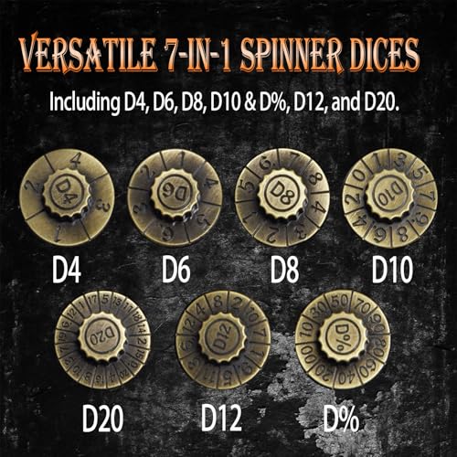 Metal DND Dice Set 7-in-1 D4-D20 3D Dragon Case Leather Bag Gold | 7 in 1 metal polyhedral dice. D4-D20 dnd spinner. 3D dragon case. Leather storage bag. Zinc alloy. DND RPG TTRPG gift. - color: Glod