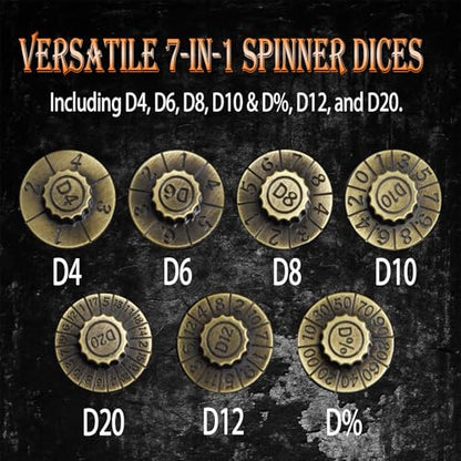Metal DND Dice Set 7-in-1 D4-D20 3D Dragon Case Leather Bag Gold | 7 in 1 metal polyhedral dice. D4-D20 dnd spinner. 3D dragon case. Leather storage bag. Zinc alloy. DND RPG TTRPG gift. - color: Glod