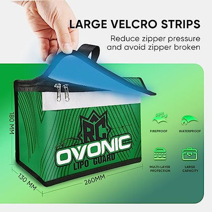 OVONIC Lipo Safe Bag Fireproof Explosionproof Bag Large Capacity Lipo Battery Storage Guard Safe Pouch for Charge & Storage(260X130X180mm 251g)