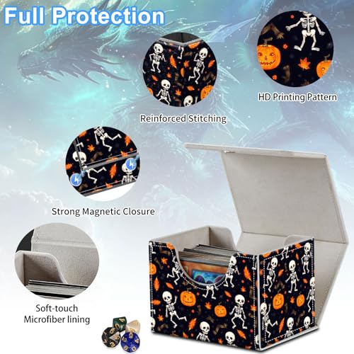 Skeletons and Pumpkins Deck Box for MTG Commander | Holds 100+ Double-Sleeved Cards | Strong Magnetic TCG Card Case for Collectible Games - color: Skeletons and Pumpkins