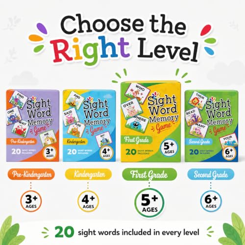 Sight Word Memory Game for Kids Ages 4-8, Matching Card Game for Preschool, Kindergarten, 1st & 2nd Grade, Learn to Read Educational Reading Game for Homeschool & Classroom (First Grade)