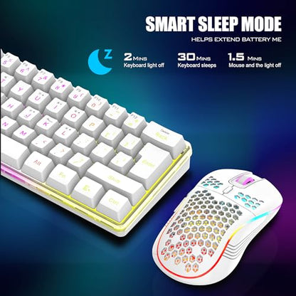 RedThunder 60% Wireless Gaming Keyboard and Mouse Combo, 2500mAh Rechargeable Battery, Ultra-Compact Small RGB Mechanical Feel Keyboard, Lightweight Honeycomb Optical Mouse for Gaming/Business, White - style: 02 White Wireless Combo