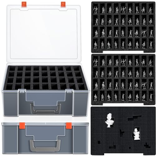 2 Pcs Miniature Storage Figure Case 144 Slot Sturdy Figurine Miniature Carrying Case with 3 Foam Layer (2 Pre Cut Trays 1 Pick Pluck Tray) Compatible with Wargame(Clear, Black) - color: clear, black
