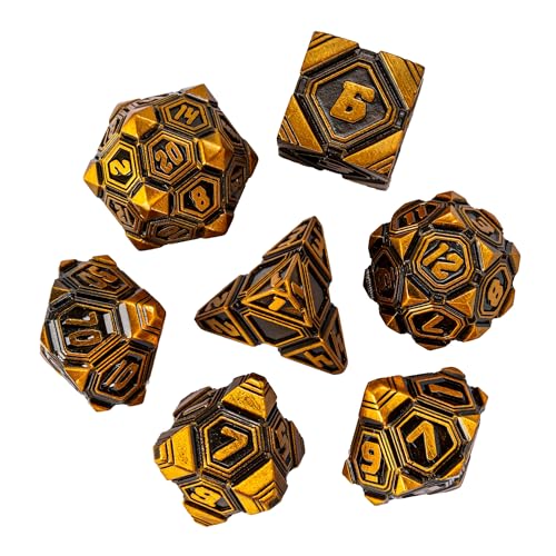 Metal UFO Dice Set, 7 Die Metal Polyhedral Dice Set for DND Dungeons and Dragons Role Playing Games,with Skull Bag.(Ancient Gold) - color: Ancient Gold