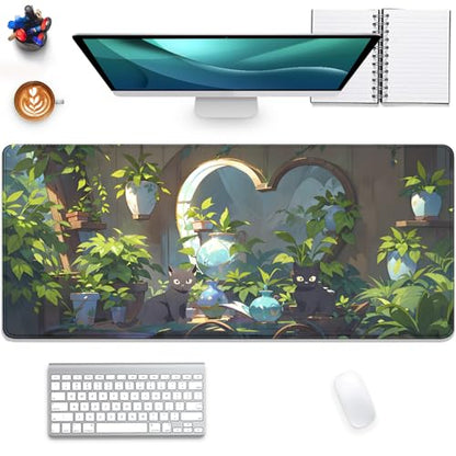 Lofi Cat Mouse Pad Green Plant Desk Pad,Black Cat Extended Gaming Mouse Mat with Stitched Edges Non-Slip Waterproof Rubber Base Mous Mat for Office,Computer,Keyboard,Laptop,Home Desk Pad(27.5X11.8 in) - color: Two Black Cat