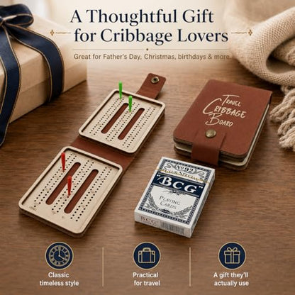 Portable Cribbage Board Set, Premium Leather Foldable Cribbage Game with Playing Card & Pegs, Pocket Size for Camping, Travel, Adventures & Unique Gift for Father's Day, Christmas & Cribbage Lovers