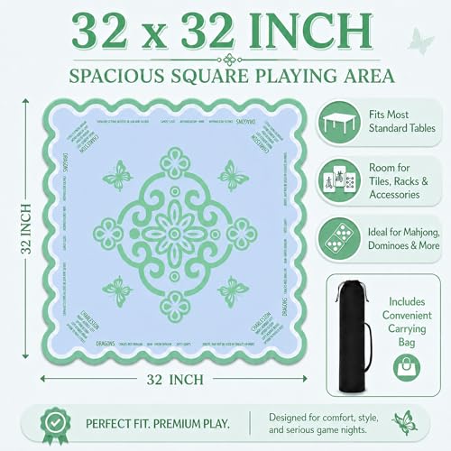 Neoprene Mahjong Mat for Table, 32 x 32 Inch Square Mahjong Table Mat with Carrying Bag, Non Slip Rubber Backing, Noise Reducing Game Mat for American Mahjong, Dominoes, Cards, Board Games (Green) - color: Green
