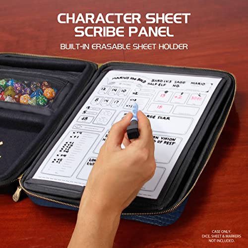 ENHANCE RPG Organizer Case - DnD Binder with Built-in Character Sheet Holder and Erasable Scribe Panel, Dice Rolling Area, Removable Pen Pouch, Miniature Foam Tray, Wrist Strap - color: Dragon Blue