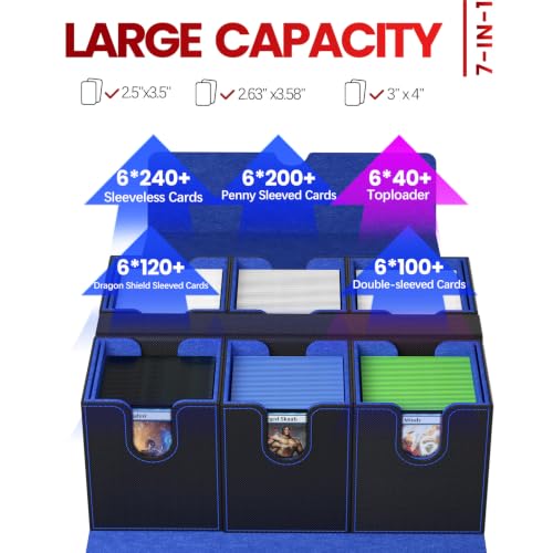 Gomyrod Card Deck Box with 4 Commander Display & Dice Tray (Black & Blue) | 7 In 1 MTG Commander Deck Box, Fits 240+ Toploader Cards, Removable Deck Case, Compatible for Magic/TCG/Sports/Baseball Cards - color: Black & Blue