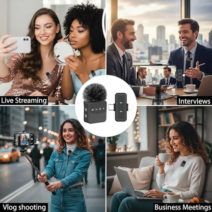 Wireless Lavalier Microphone for iPhone Android Mini Mic with Charging Case | Auto pairing clip-on mini mic, noise reduction, windproof net, works with laptops, for video recording and vlogging
