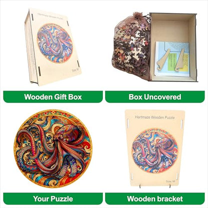 Hartmaze Octopus Riding Wave Wooden Puzzle, 178 Unique Irregular Pieces, 11.2x11.2 Inch, Exquisite Wooden Gift Box, Ocean Art Jigsaw for Adults & Kids 8+ - color: Octopus Riding Wave