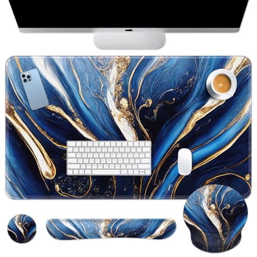 Britimes Blue and Gold Marble Keyboard Mouse Pad Set 4in1 Large Mousepad+Keyboard Wrist Rest+Mouse Wrist Rest+Coaster Set with Ergonomic Design for Home Office Computer 35.4x15.7 inches - color: Blue and Gold Marble