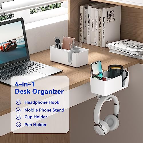 KDD 4-in-1 Desk Organizer - Under Desk Cup Holder and Headphone Hanger with 2 Wire Holes - Rotating Hanger and Detachable Storage for Cup, Phone and Pen (White) - color: White
