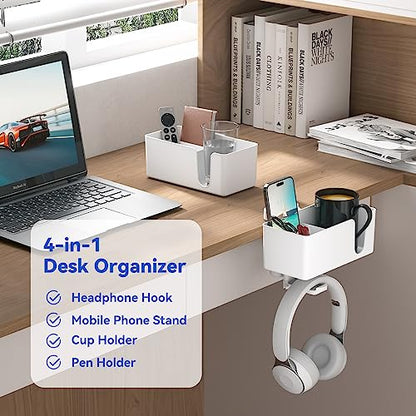 KDD 4-in-1 Desk Organizer - Under Desk Cup Holder and Headphone Hanger with 2 Wire Holes - Rotating Hanger and Detachable Storage for Cup, Phone and Pen (White) - color: White