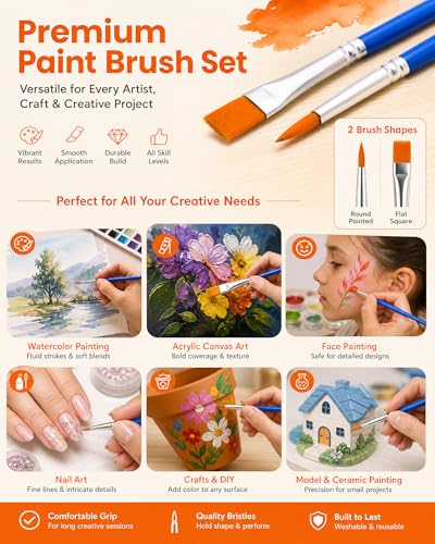 Small Paint Brushes Bulk, 160 Pcs Flat Tip Round Acrylic Paint Brushes for Kids Classroom Acrylic Watercolor Canvas Face Painting Touch Up