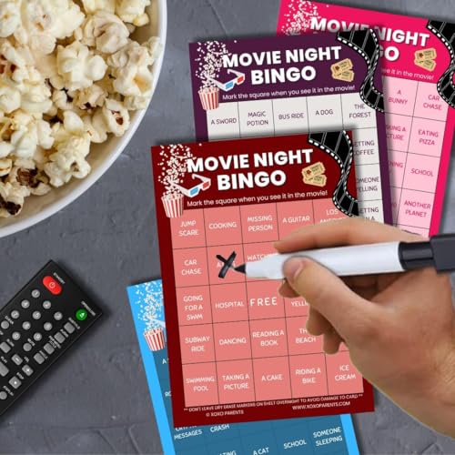 XOXO Parents Movie Night Bingo Cards, Reusable Supplies - Action | 4 reusable dry-erase cards, markers included, fun for kids & adults, guys night game, blockbuster movie lover gift