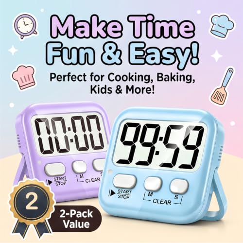 2 Pack Digital Timer for Kids Classroom Kitchen Timers for Cooking | w/ Battery, Easy to View, Alarm, Mute Mode, Count Down/Up, Magnetic, Kickstand, Hanging, Classroom Timer for Teacher Supplies - color: 2 * Sky Blue + Lavender Purple
