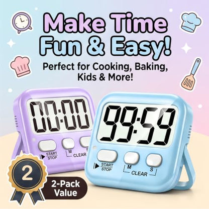 2 Pack Digital Timer for Kids Classroom Kitchen Timers for Cooking | w/ Battery, Easy to View, Alarm, Mute Mode, Count Down/Up, Magnetic, Kickstand, Hanging, Classroom Timer for Teacher Supplies - color: 2 * Sky Blue + Lavender Purple