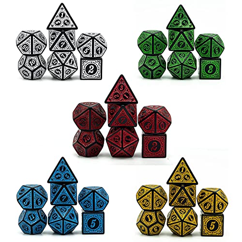 5 Sets Dice DND, Polyhedral Dice Set (35pcs) with Leather Dice Bag, D&D Dice Set for Dungeons and Dragons, RPG Table Games (Window Lattice Carved Series) - color: 5sets-window Lattice