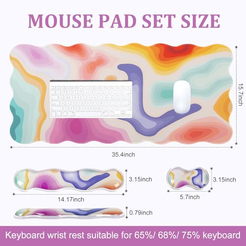 L-SPOUTTO Topographic Mouse Pad Set,Abstract Scalloped XXL Desk Mat + Ergonomic Mouse Wrist Rest +Gel Keyboard Wrist Rest for Keyboard 65%/75%,3in1 Large Desk Pad for Desktop Home Office Computer Game - color: Colorful Topographic