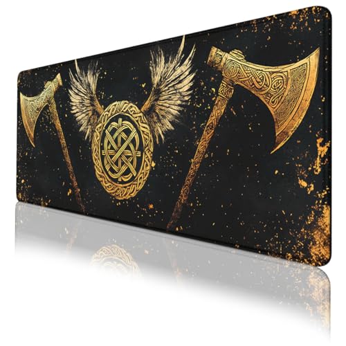 Warrior Symbol Gaming Mouse Pad Nordic Winged Shield Gold Large Gaming Mouse Mat with Stitched Edges,Non-Slip Waterproof Rubber Base Mous Mat Office Computer Keyboard Laptop 31.5x11.8 Inch - color: Warrior Symbol_18, size: 31.5L x 11.8W inches